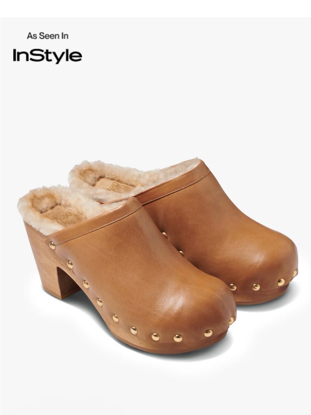 beek Tan Leather Studded Shearling Clogs